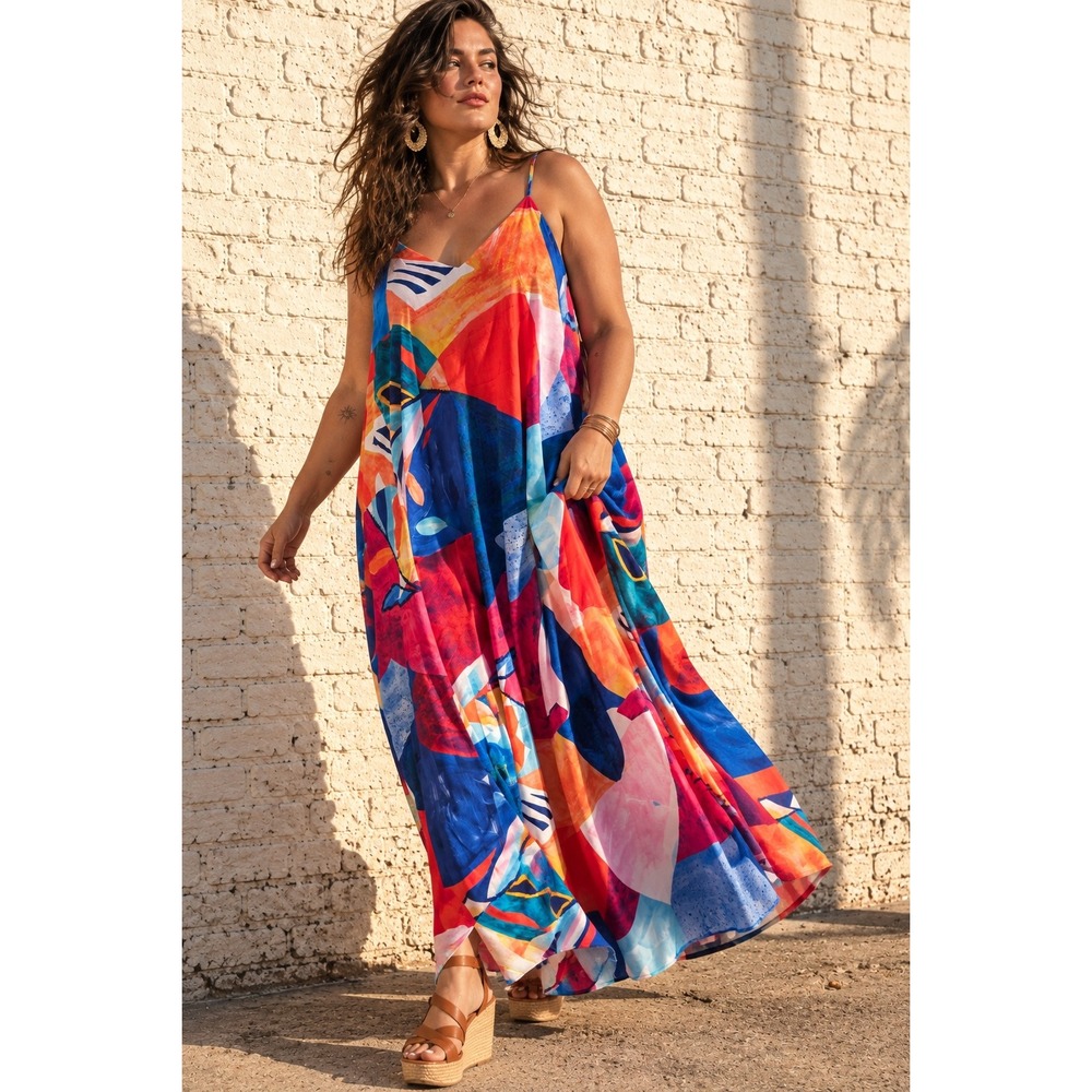 Nicole Miller Coral Multi Abstract Maxi Dress Boho Vacation Coastal NWT Plus 1X